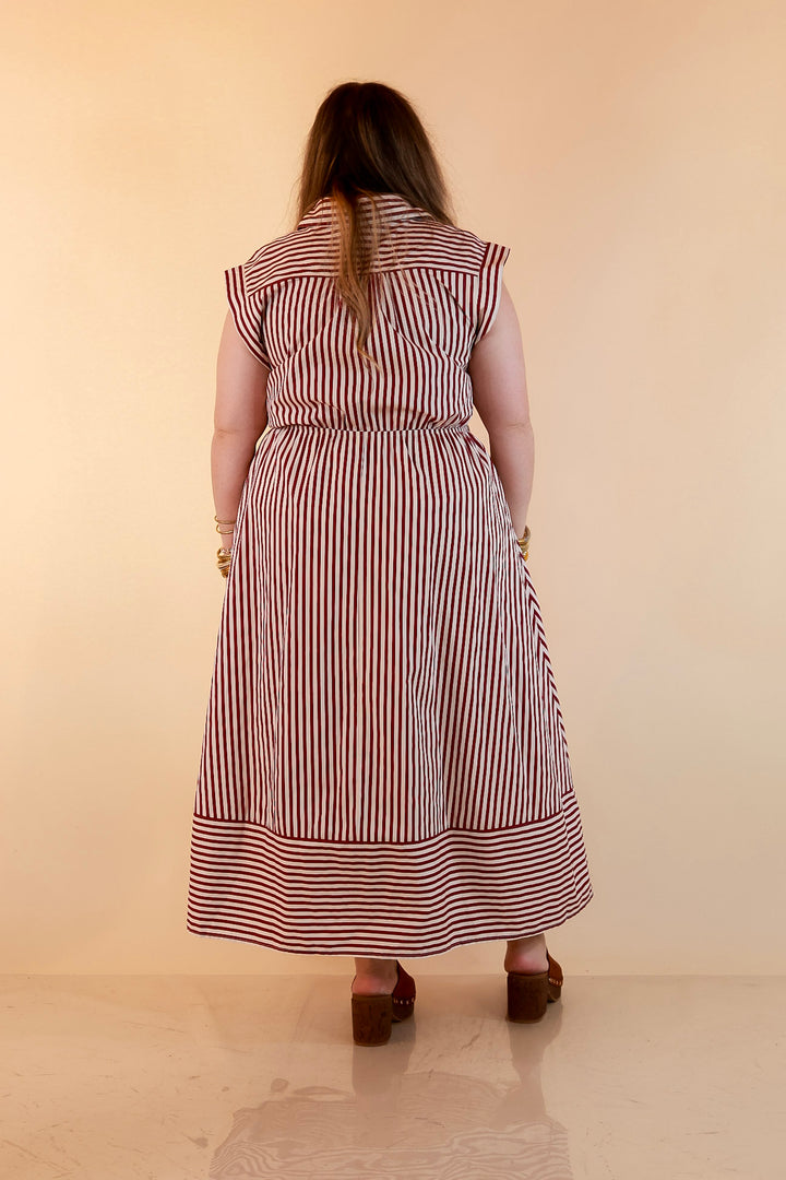 In Good Standing Striped Tie Waist Button Down Midi Dress in Maroon and Ivory