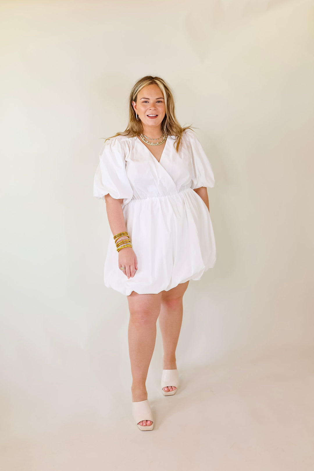 Flawless and Free Puffed Sleeve Babydoll Dress in White - Giddy Up Glamour Boutique