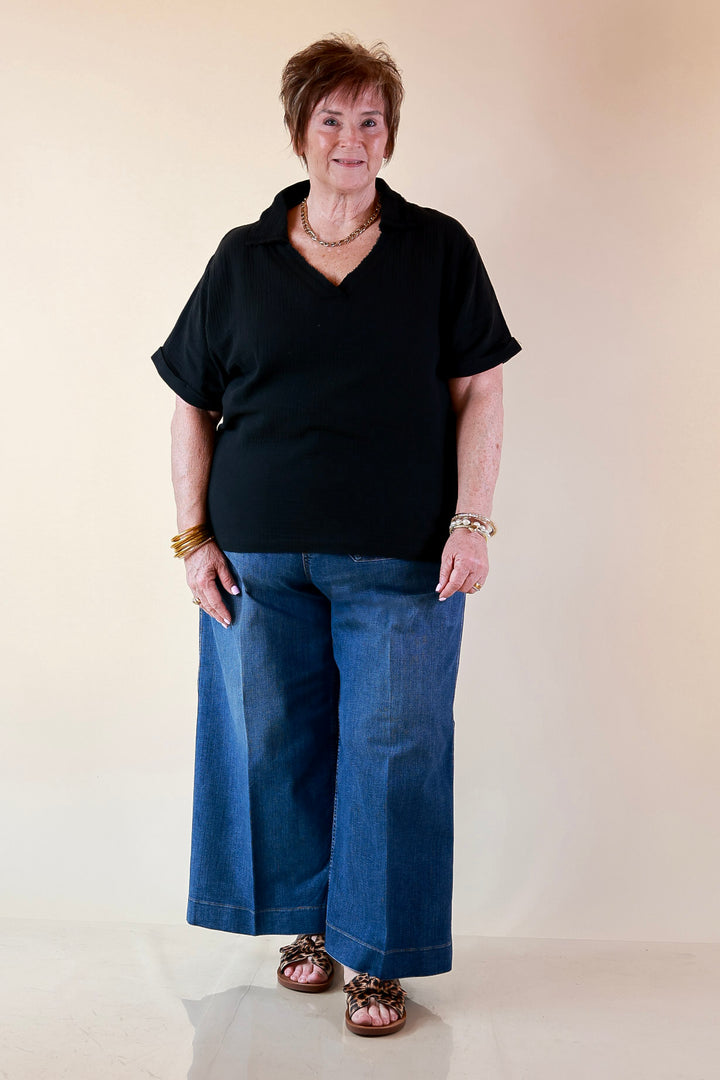 Quite Appropriate Short Sleeve Collared V Neck Linen Top with Rolled Sleeve Detail in Black