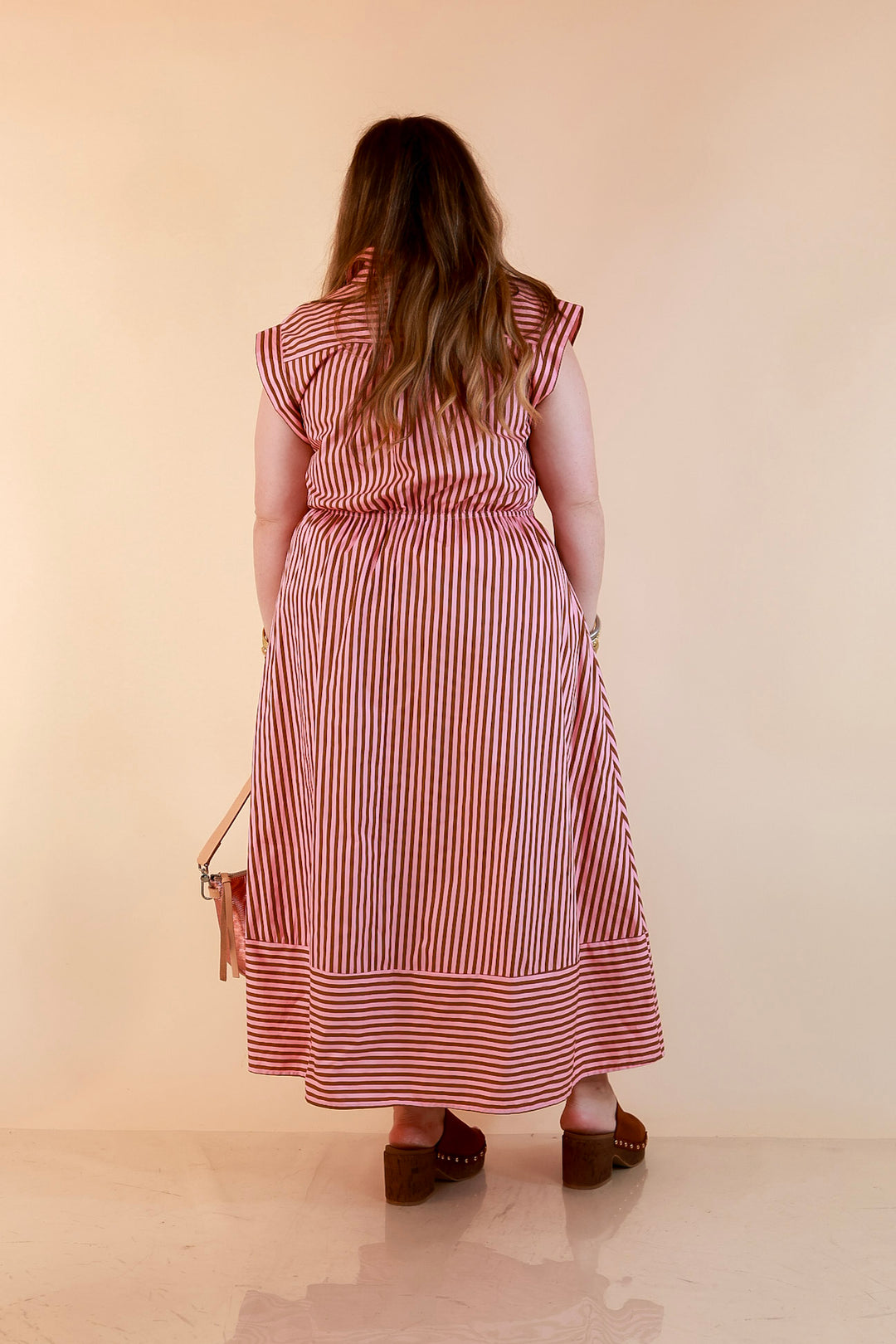 In Good Standing Striped Tie Waist Button Down Midi Dress in Pink and Brown