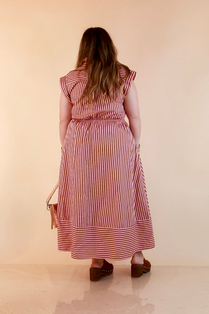 In Good Standing Striped Tie Waist Button Down Midi Dress in Pink and Brown