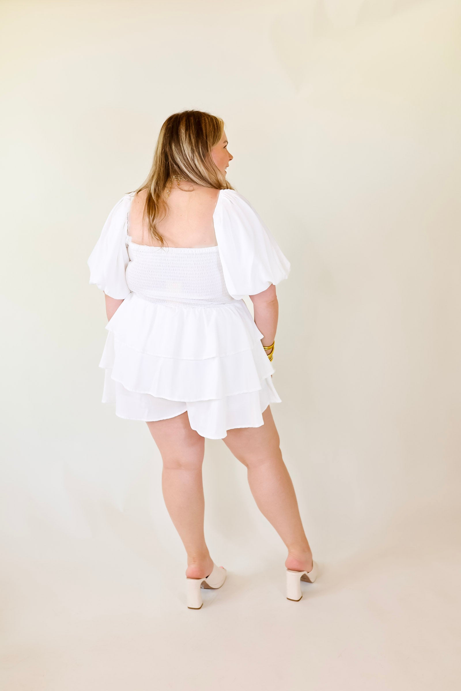I Want It All Tiered Romper With Puffed Sleeves In White - Giddy Up Glamour Boutique