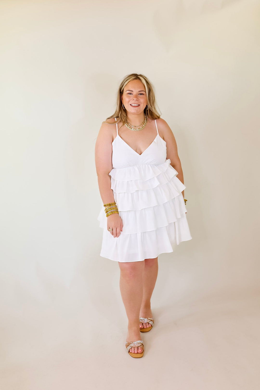Dare to Dance Ruffled Spaghetti Strap Dress in White - Giddy Up Glamour Boutique