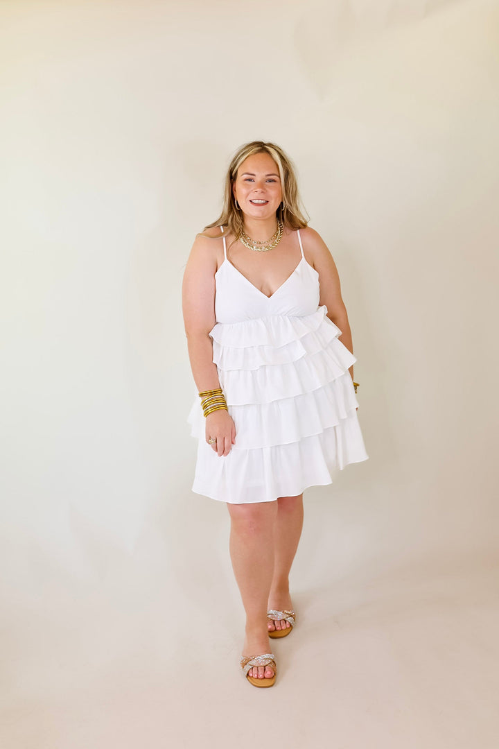 Dare to Dance Ruffled Spaghetti Strap Dress in White - Giddy Up Glamour Boutique
