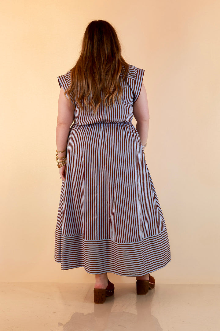 In Good Standing Striped Tie Waist Button Down Midi Dress in Blue and Brown