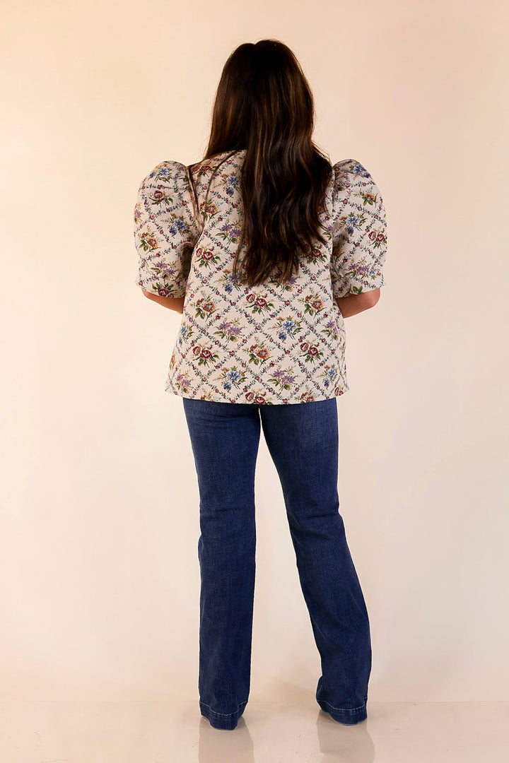 Delicate Details Puff Sleeve Floral Print Top in Cream
