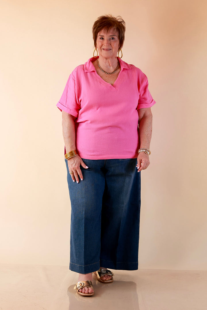 Quite Appropriate Short Sleeve Collared V Neck Linen Top with Rolled Sleeve Detail in Pink