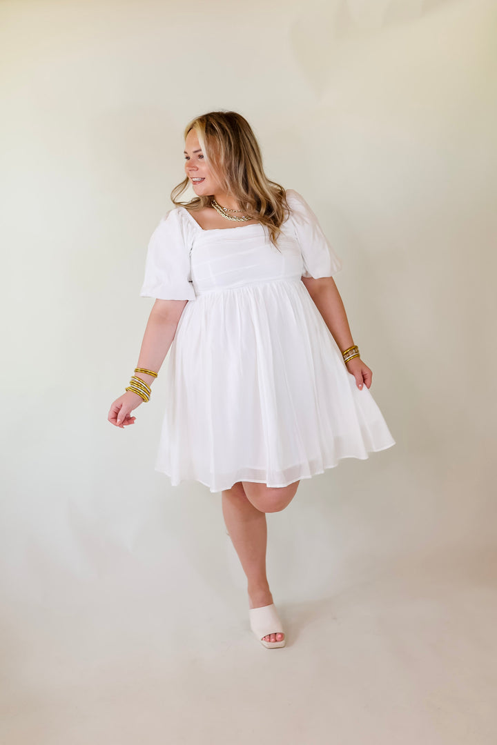 Livin Free Off The Shoulder Pleated Dress With Puffed Sleeves in White - Giddy Up Glamour Boutique