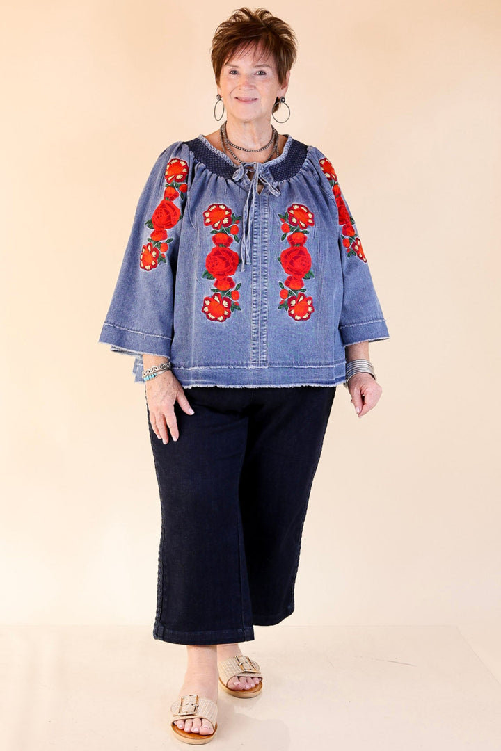 Rodeo Quincy | Tia Carmen Flowy Denim Blouse with Red Rose Embroidery