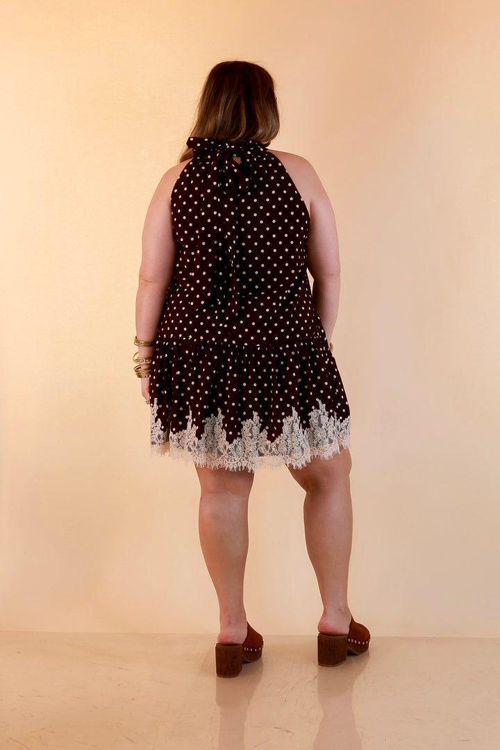 Something to Love Polka Dot Lace Trim Halter Dress in Chocolate Brown and Ivory