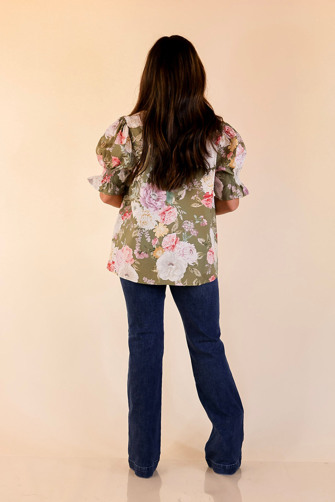 Freshly Picked Floral Print Top with Short Puff Sleeves in Olive Green