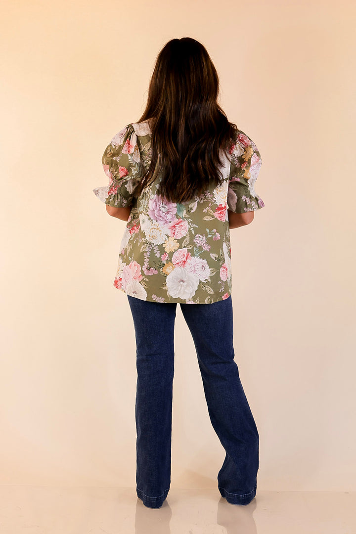 Freshly Picked Floral Print Top with Short Puff Sleeves in Olive Green