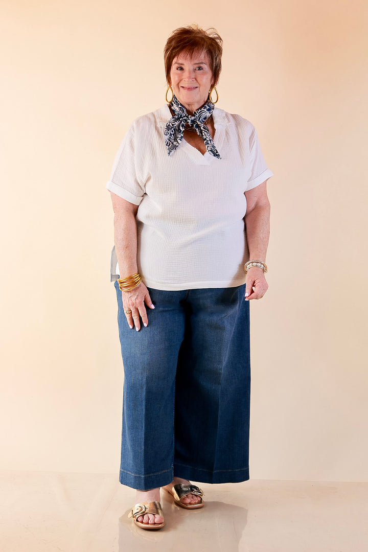 Quite Appropriate Short Sleeve Collared V Neck Linen Top with Rolled Sleeve Detail in White
