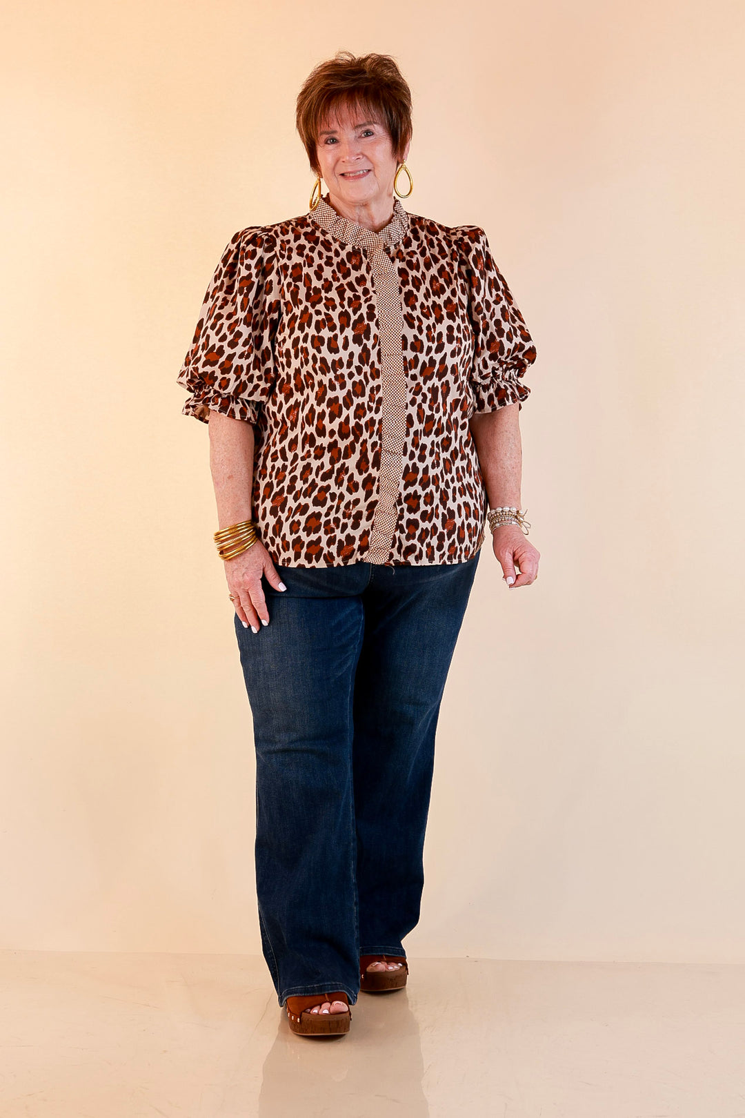 Catch the Compliments Puff Sleeve Ruffle Trim Leopard Print Statement Top in Ivory and Brown