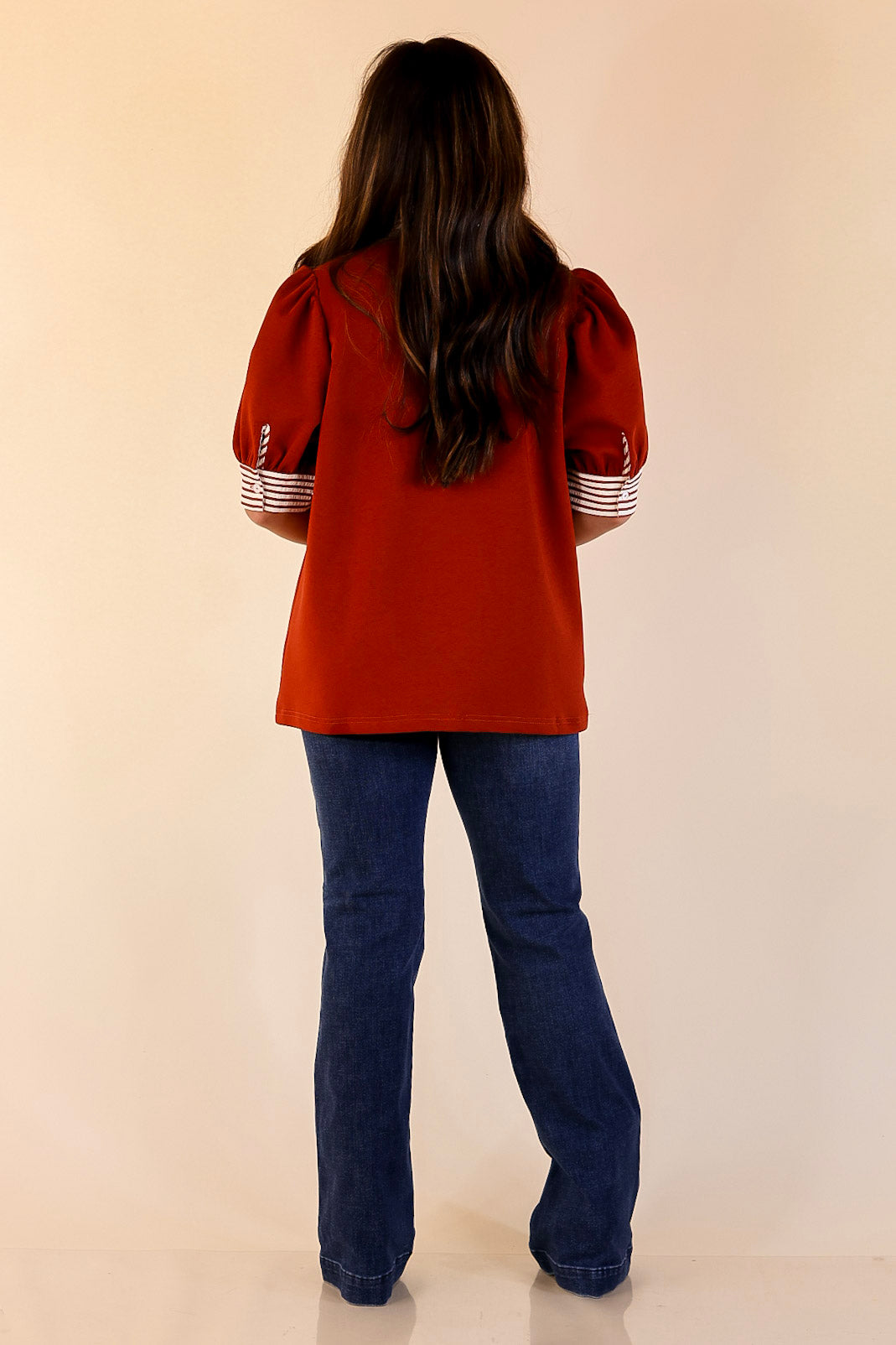 Refined Edge Short Puff Sleeve Top with Striped Collar in Rust Orange