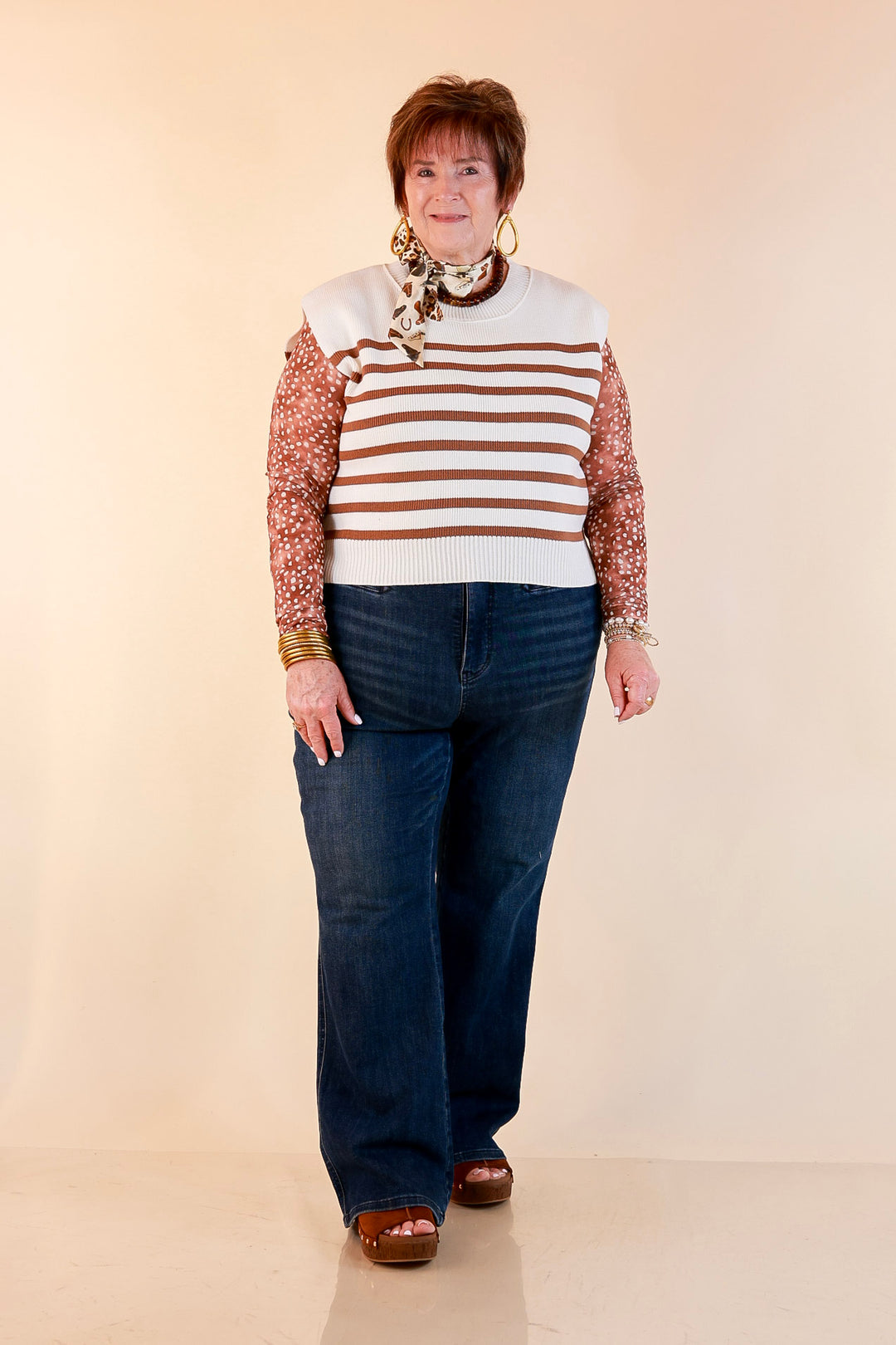 Stripe Things Up Drop Shoulder Knit Sweater in White with Tan Stripes