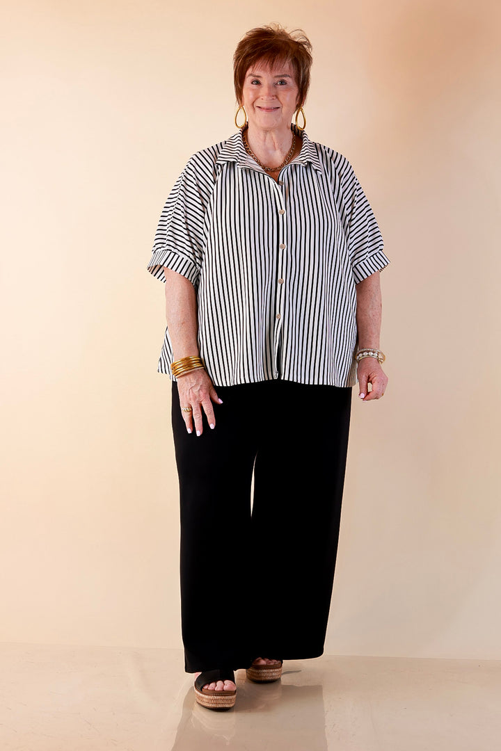 Effortlessly Aligned Button Down Collared Top with Vertical Ivory Stripe Detail in Black