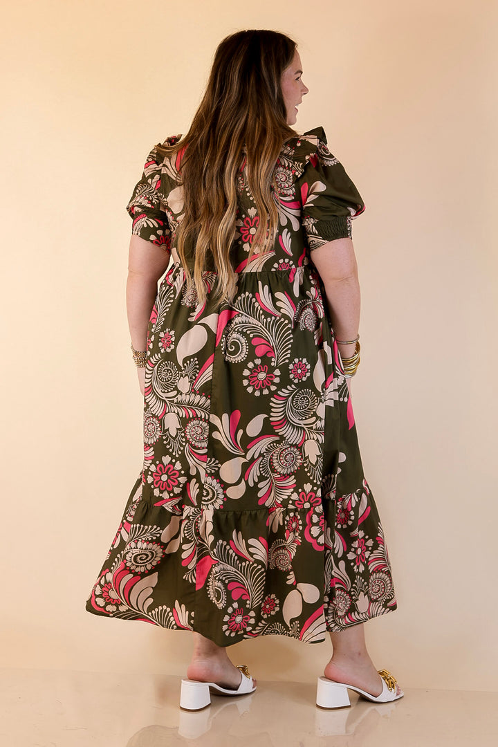 First Impressions V Neck Paisley Midi Dress in Olive Green and Pink Mix