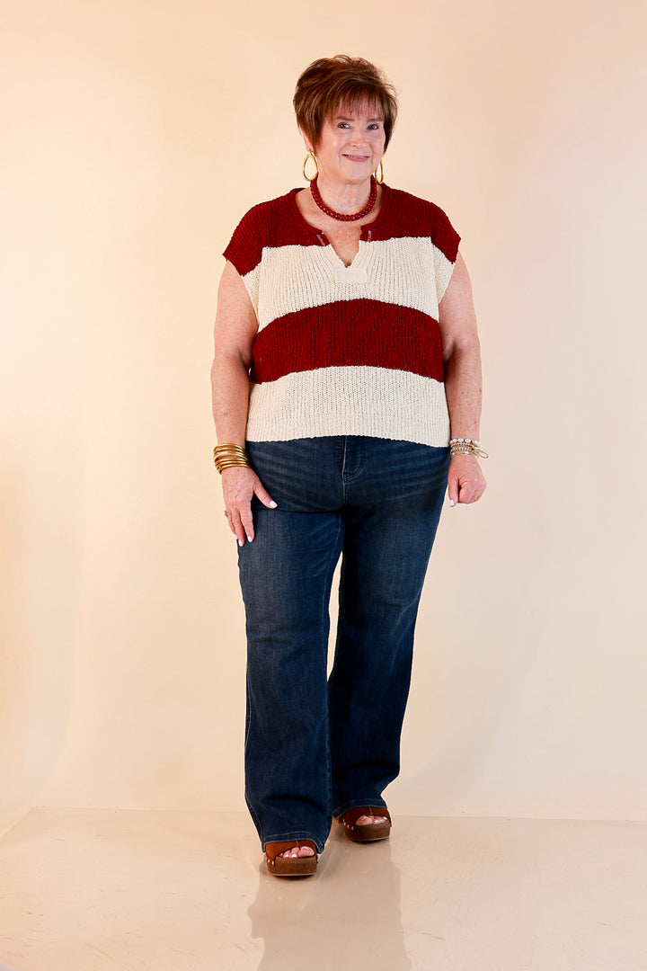 The Style Standard Striped Sleeveless Sweater Knit Top in Burgundy and Ivory