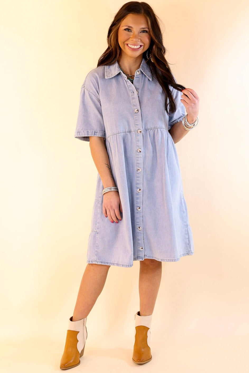 Nice to Meet You Button Up Collared Denim Dress in Light Wash