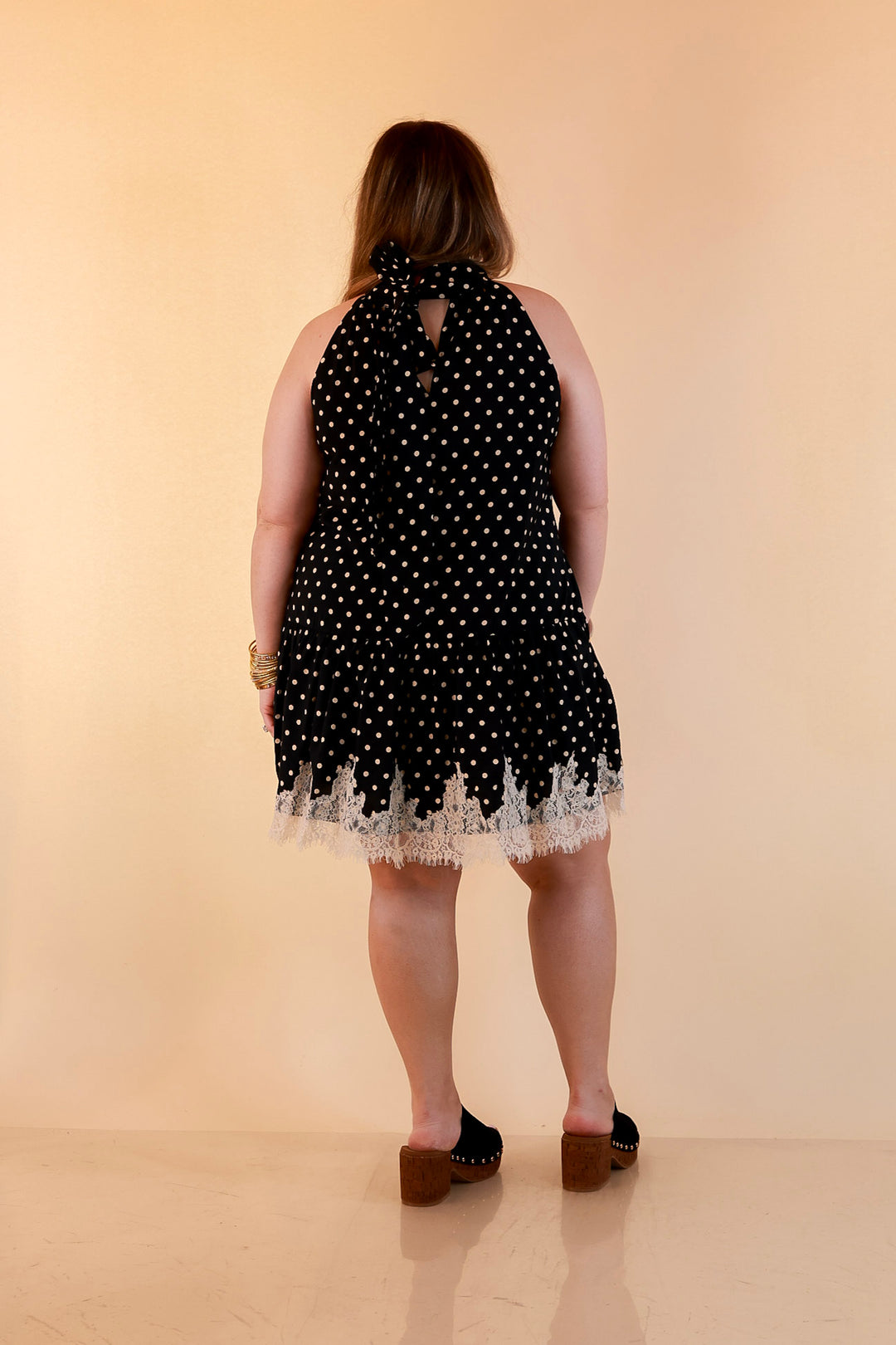 Something to Love Polka Dot Lace Trim Halter Dress in Black and Ivory