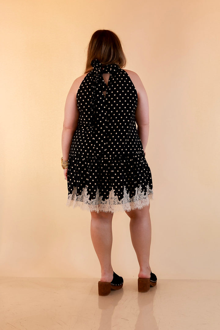 Something to Love Polka Dot Lace Trim Halter Dress in Black and Ivory