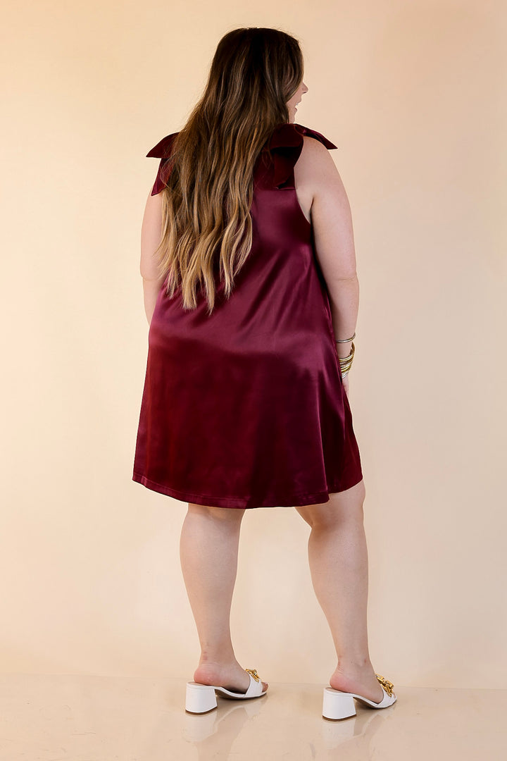 Satin Soirée V Neck Mini Dress with Bow Strap Detailing in Maroon