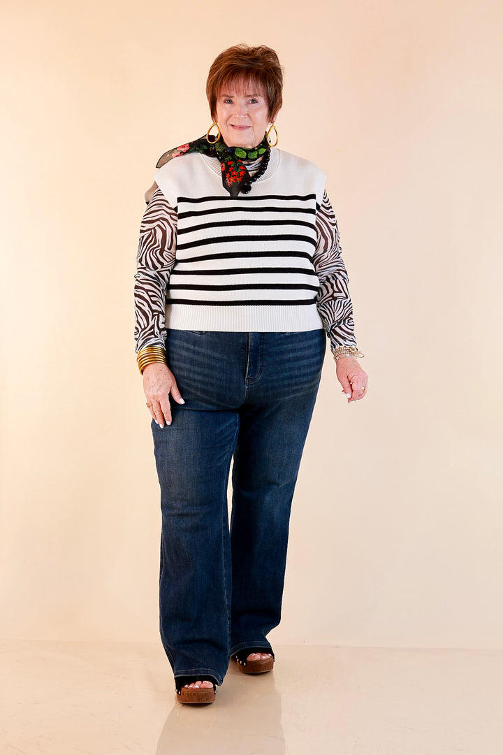 Stripe Things Up Drop Shoulder Knit Sweater in White with Black Stripes
