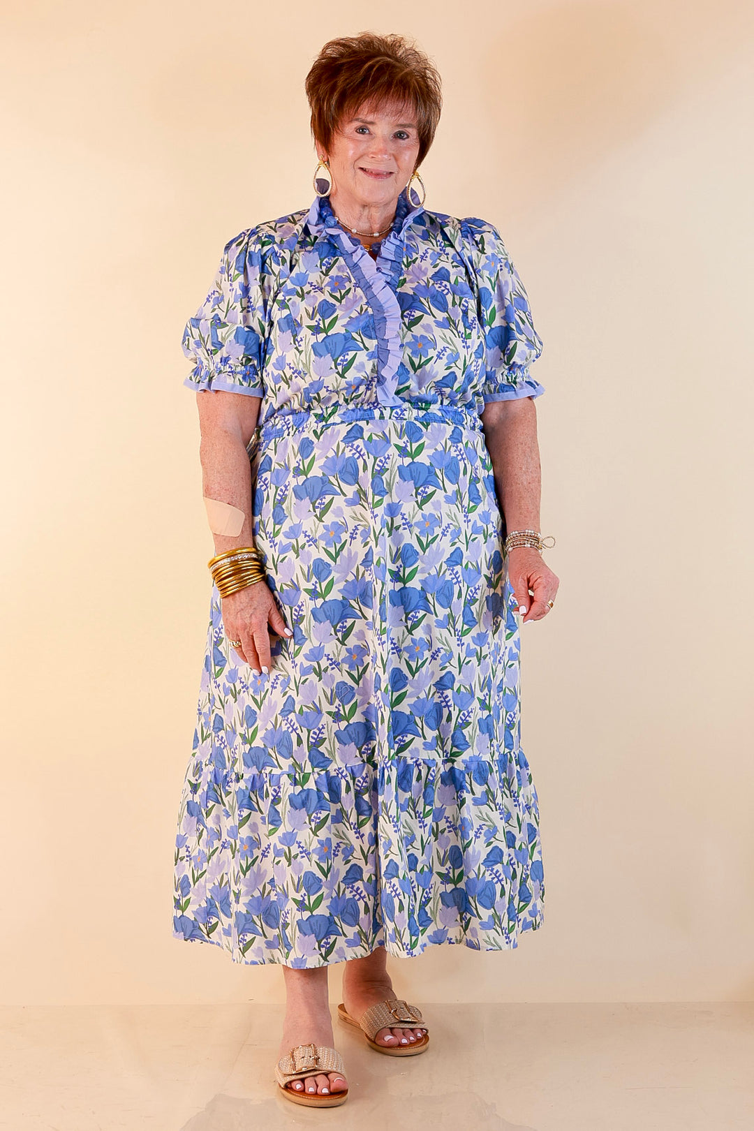 Gracefully Yours Floral Print Midi Dress with Contrast Ruffle Trim in Blue