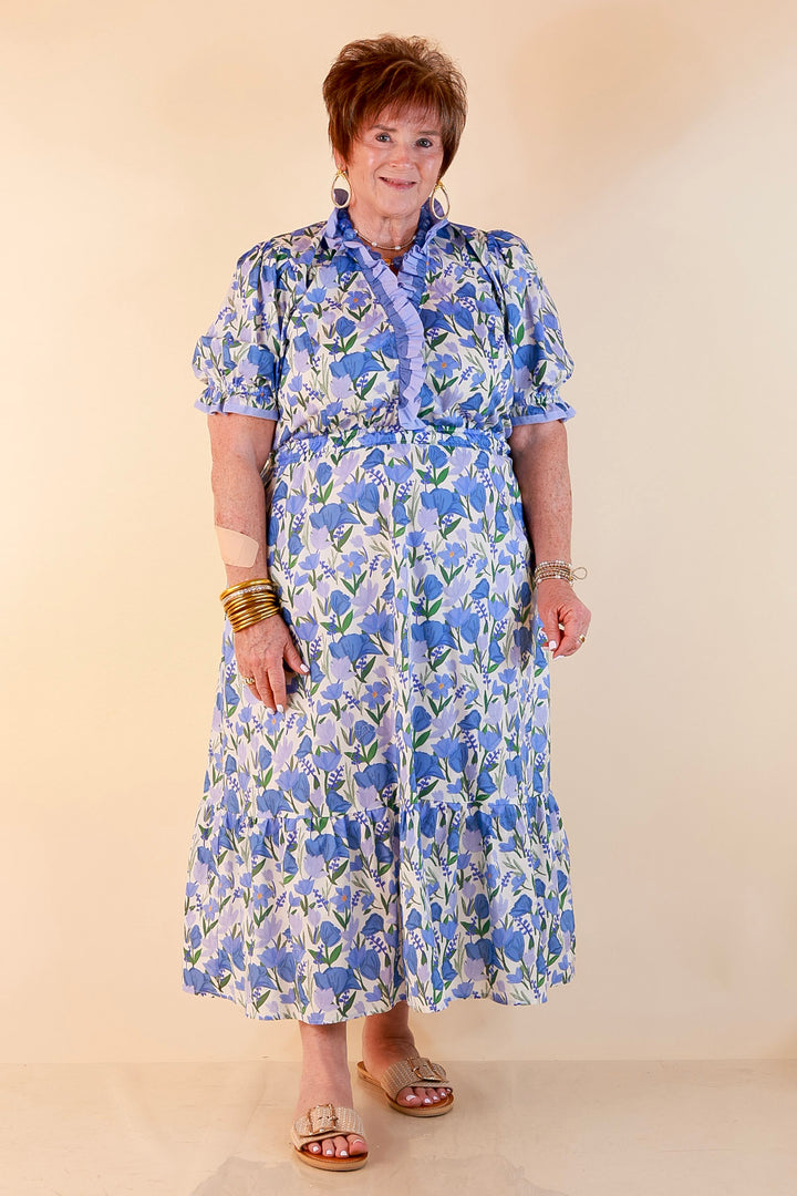 Gracefully Yours Floral Print Midi Dress with Contrast Ruffle Trim in Blue