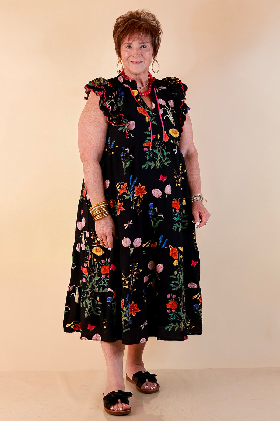 Flourishing Charm Floral Ruffle Cap Sleeve Tiered Midi Dress in Black