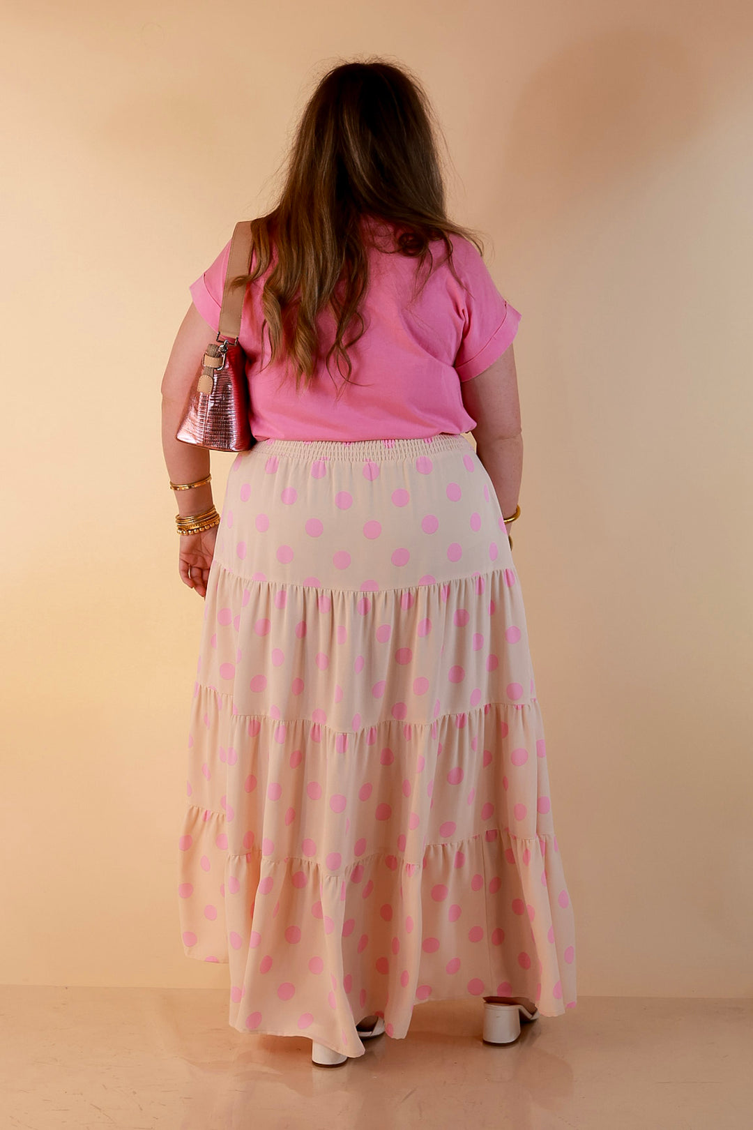 Sweet Spot Polka Dot Print Tiered Maxi Skirt with Elastic Waistband in Cream and Pink