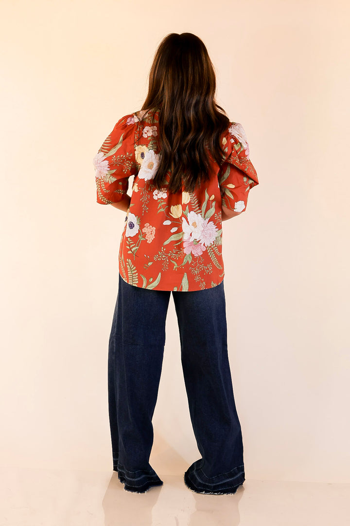 First Glance Button Up Puff Sleeve Floral Print Top in Rust Orange