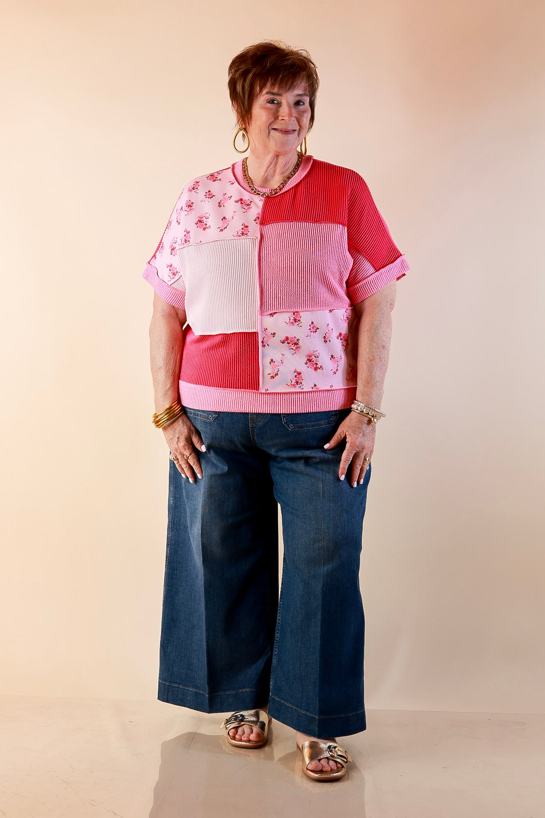 Simply Southern | Styled to a Tee Color Block Patchwork Ribbed Short Sleeve Top in Pink Mix