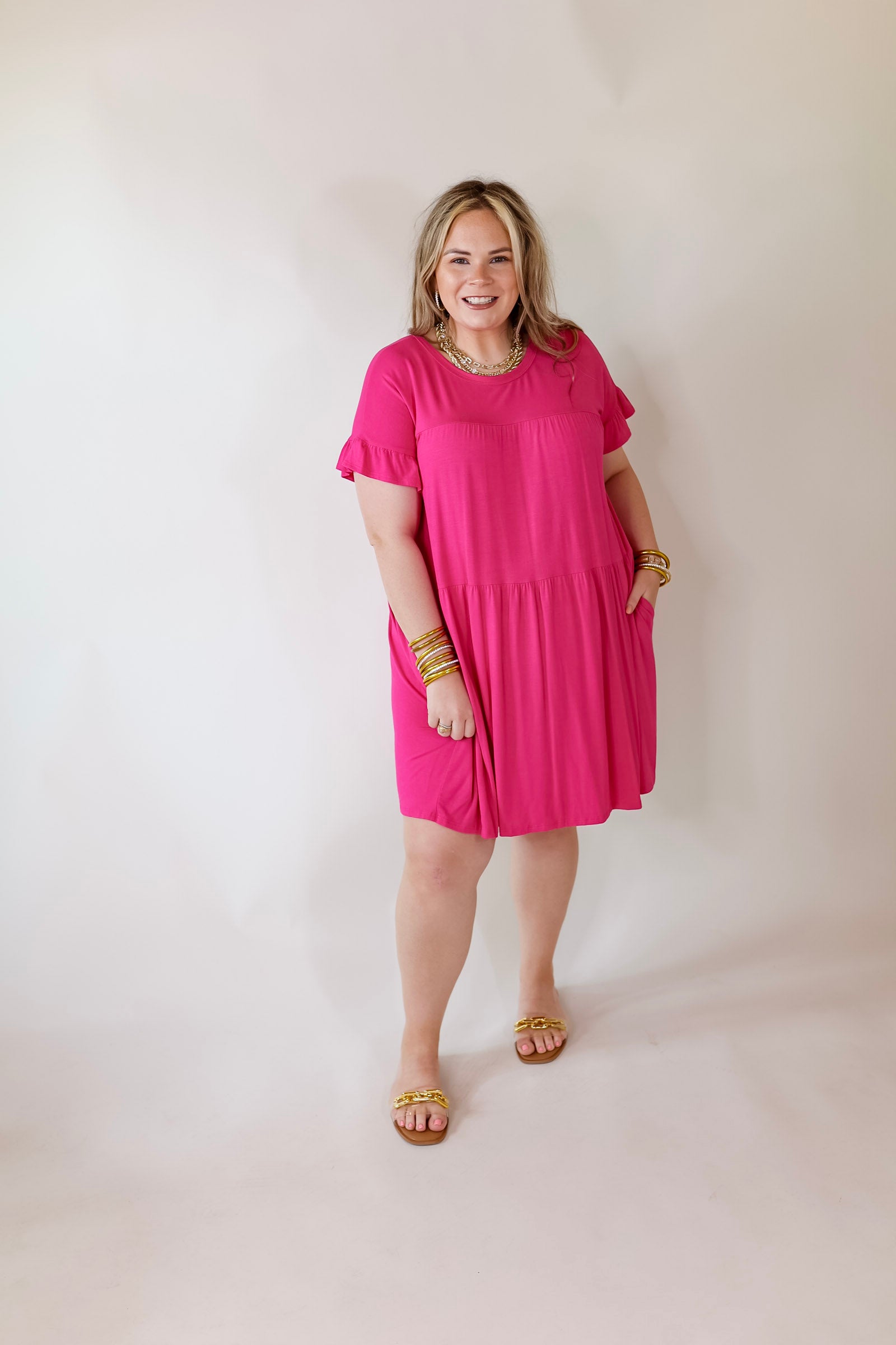Gorgeous Girly Ruffle Sleeve Tiered Dress in Fuchsia Pink - Giddy Up Glamour Boutique