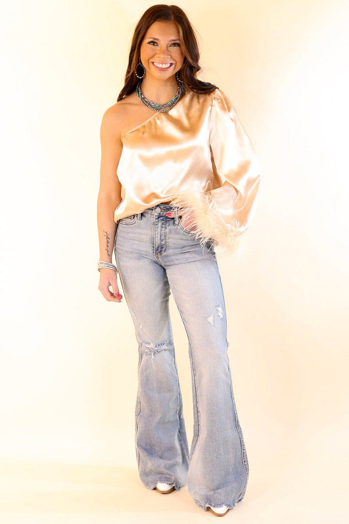 Full On Fashionista One Shoulder Satin Blouse with Feather Trim in Champagne