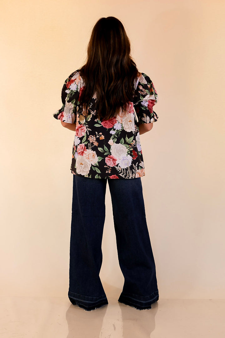 Freshly Picked Floral Print Top with Short Puff Sleeves in Black