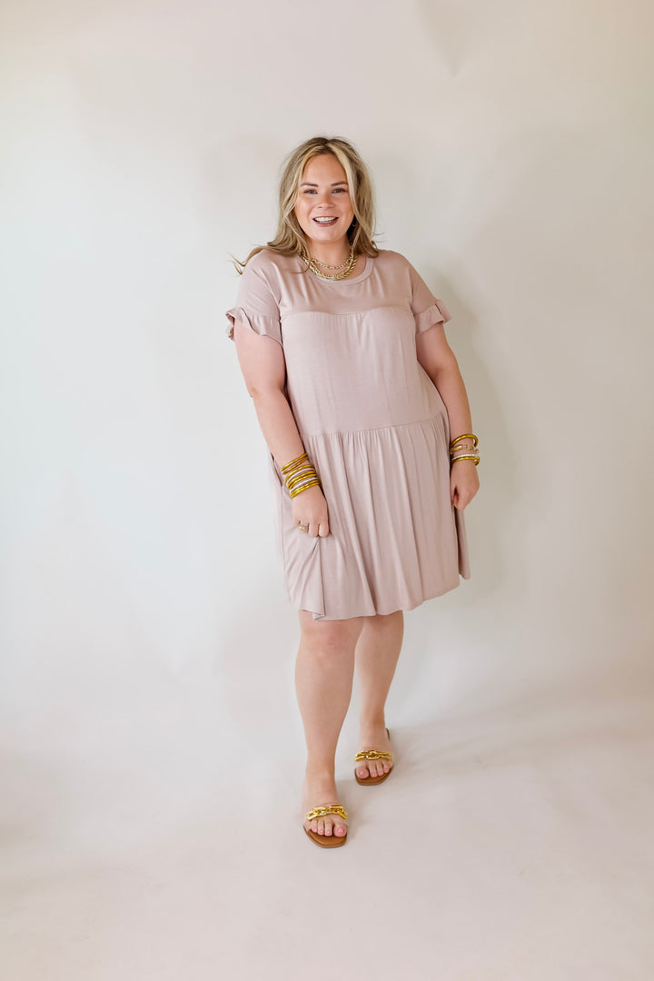 Gorgeous Girly Ruffle Sleeve Tiered Dress in Taupe - Giddy Up Glamour Boutique