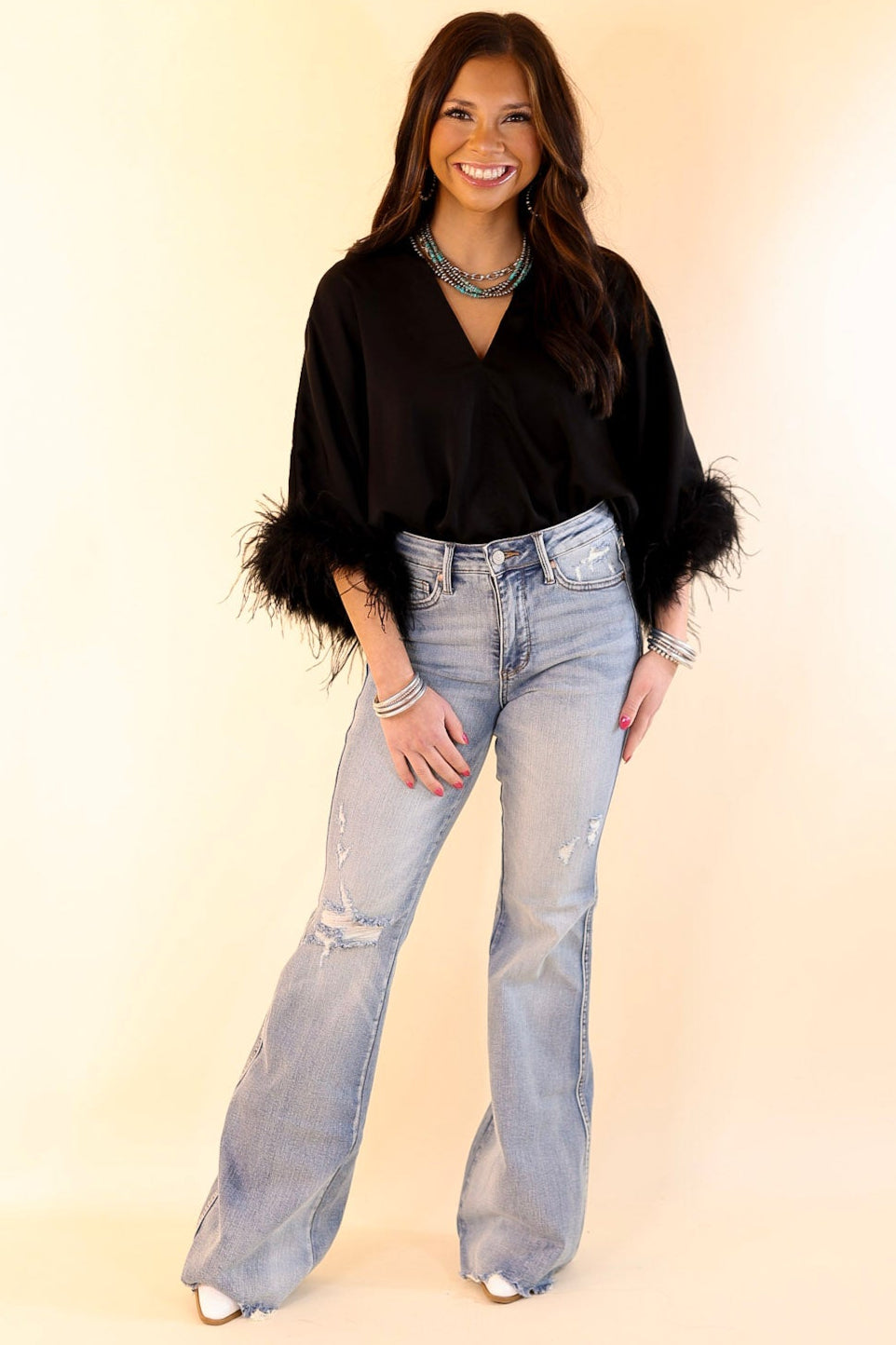 Party Plans V Neck Bodysuit with Feather Sleeves in Black
