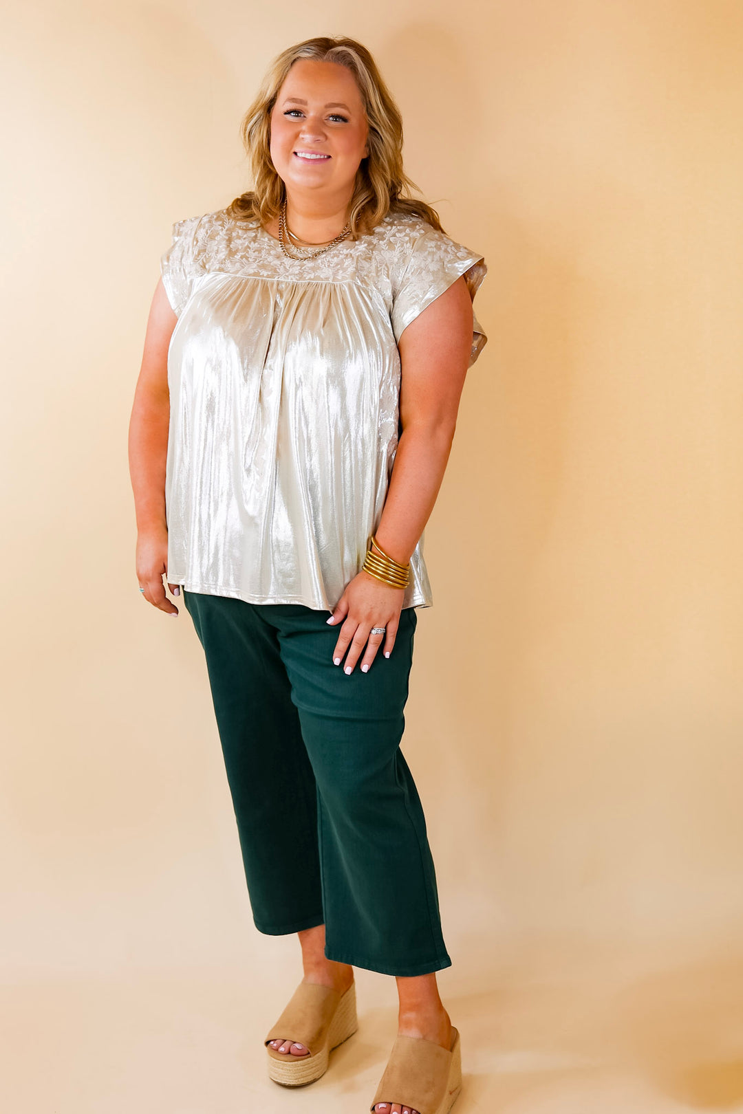 The Thrill Of It Floral Embroidered Metallic Top in Champagne - Giddy Up Glamour Boutique