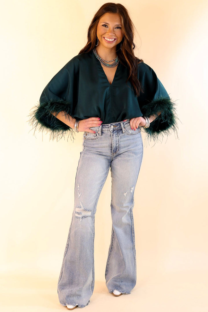 Party Plans V Neck Bodysuit with Feather Sleeves in Teal