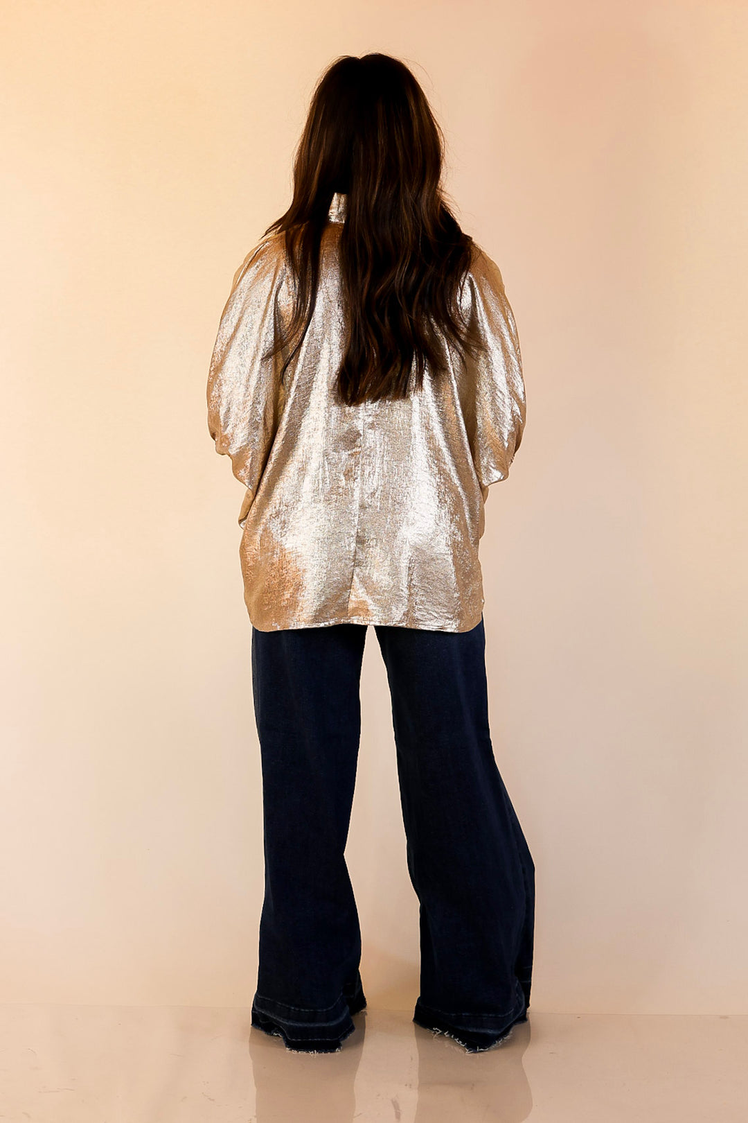 Naturally Stylish Shimmer Metallic Poncho Top in Gold
