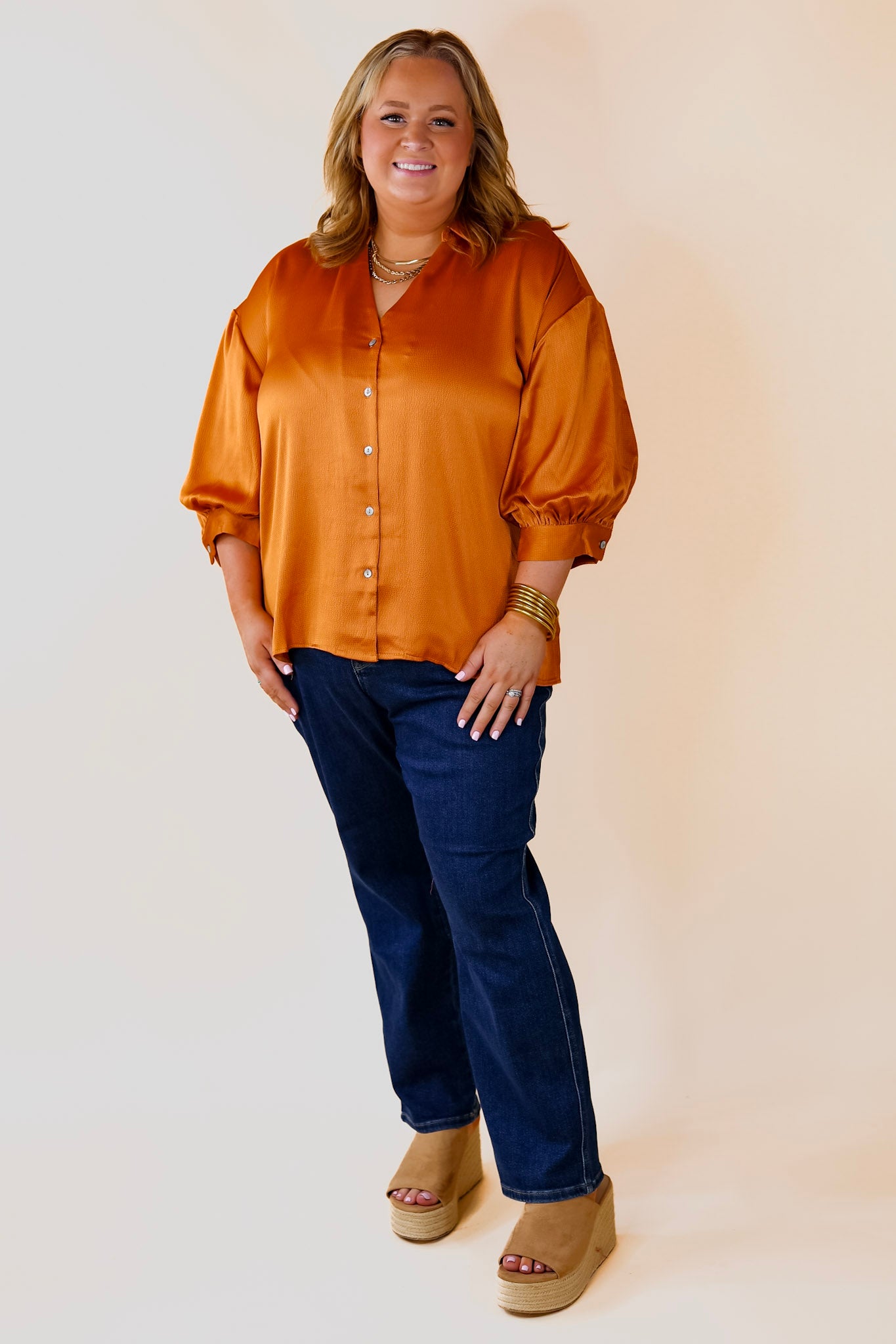 Sweet Notion Button Up 3/4 Balloon Sleeve Top in Pumpkin Orange - Giddy Up Glamour Boutique