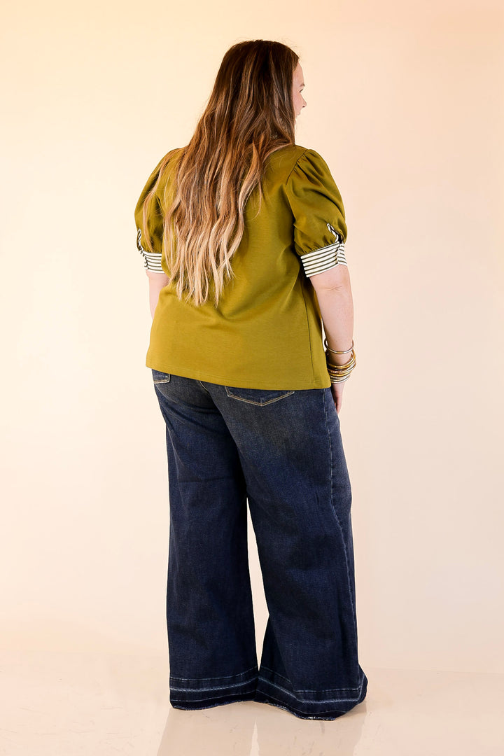 Refined Edge Short Puff Sleeve Top with Striped Collar in Olive Green