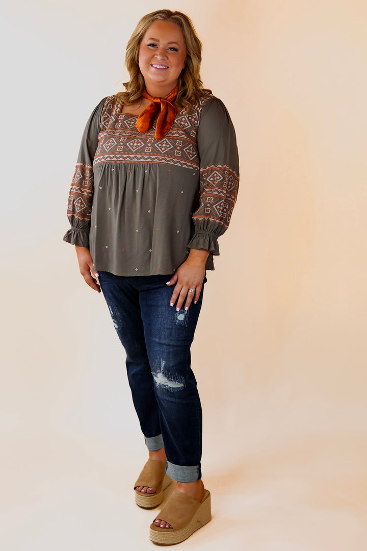Address The Room Embroidered Square Neck Top with 3/4 Sleeves in Olive Green - Giddy Up Glamour Boutique