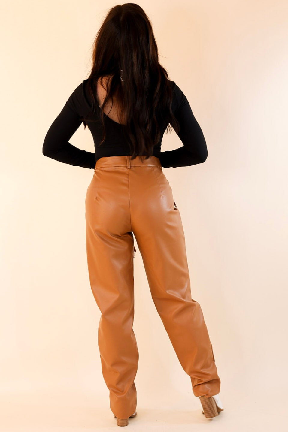 Ready Up Crystal Fringe Faux Leather Pants in Camel Brown