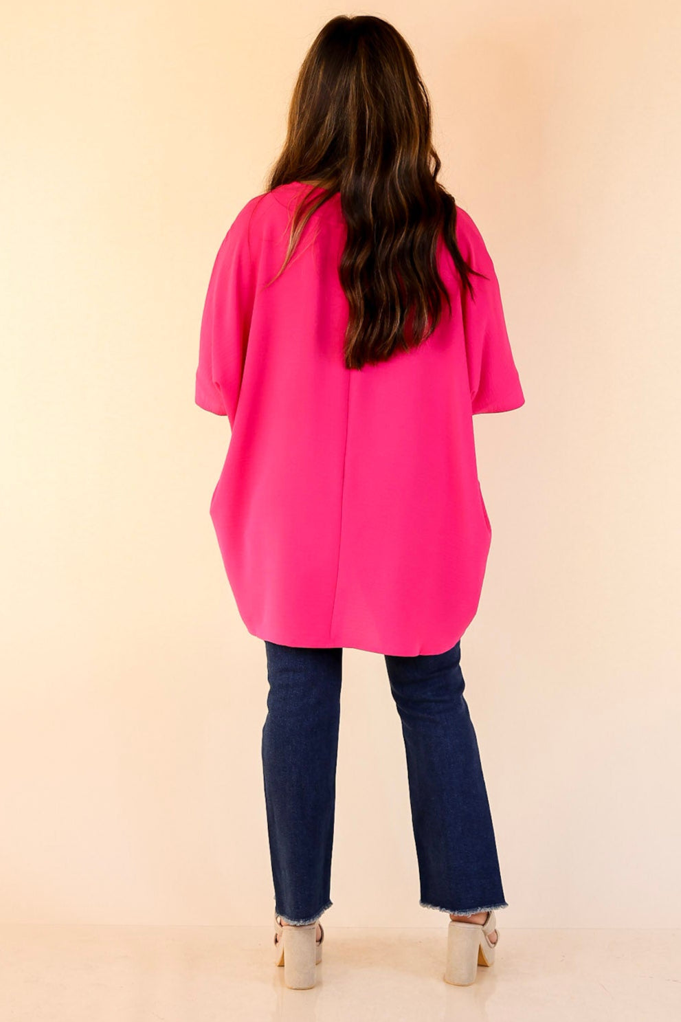 Classically Chic Short Sleeve V Neck Top in Hot Pink