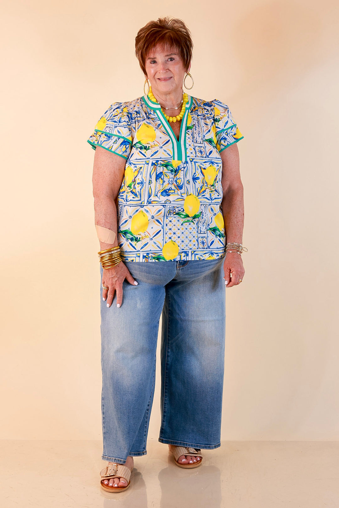 Amalfi Afternoon Lemon Tile Print Flutter Sleeve Split Neck Top in Ivory, Blue and Yellow