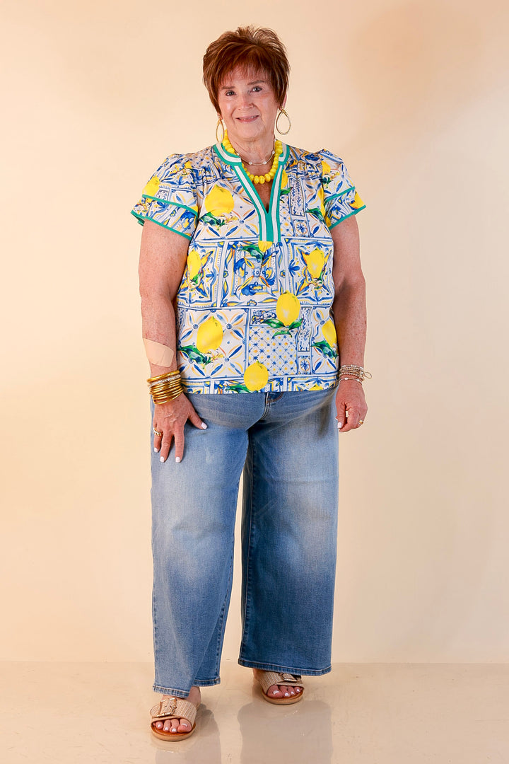 Amalfi Afternoon Lemon Tile Print Flutter Sleeve Split Neck Top in Ivory, Blue and Yellow