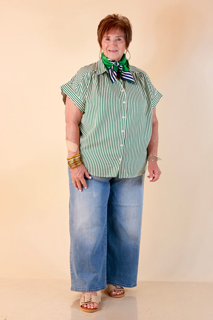 Closet Essential Striped Button Up Short Sleeve Collared Top in Green